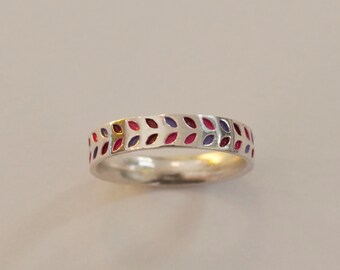 silver patterned band, colorful pink purple ring, stackable sterling silver ring, custom engraved ring, floral engraved ring