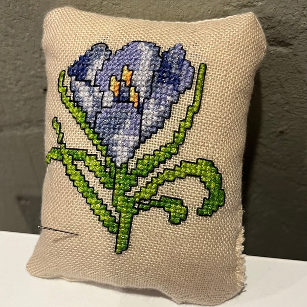 Cross-stitched crocus pin-cushion or miniature pillow