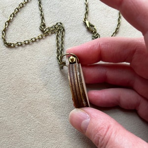 Pu&ograve; includere: Una collana con un ciondolo in legno e una catena in ottone. Il ciondolo &egrave; in compensato con un motivo a venature di legno rosso e marrone. Il ciondolo &egrave; attaccato alla catena con un anello di giunzione in ottone.