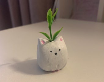 Mini sprout Kitty desk buddy, cute creature clay figure, worry pocket friend, collectible study companion, unique sculpture gift, desk pet.