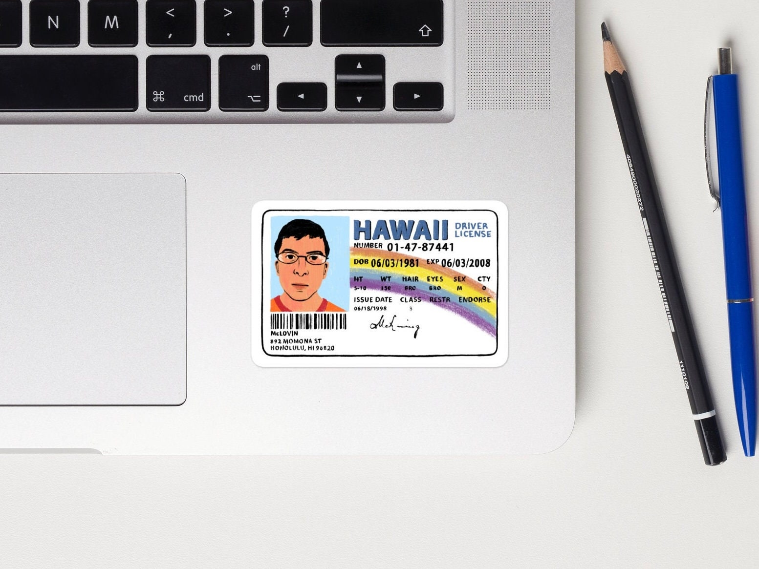 McLovin Superbad sticker film popcultuur iconische niche komedie grappig cadeau Michael Cera Seth Rogan Adam Sandler cinefiel kater film uit de jaren 2000