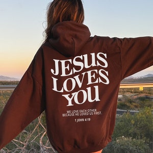 Jezus kocha cię Jezus Bluza z kapturem Bluza z kapturem Jezus Chrześcijańska bluza z kapturem Chrześcijańska bluza z kapturem Modna bluza z kapturem Koszulka z wersetem biblijnym Odzież chrześcijańska