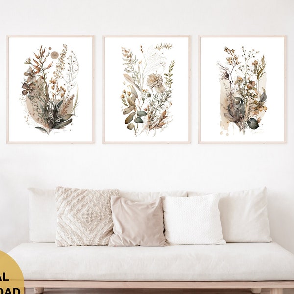 Watercolor Botanical Wall Art Set of Three Prints Pressed Flower Art Three Piece Wall Art Housewarming Gift Living Room Home Decor Print Set