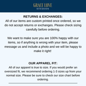 May include: Text on a white background with the title "RETURNS & EXCHANGES:" and information about returns and exchanges. The text continues with "OUR APPAREL FIT:" and information about apparel sizing.
