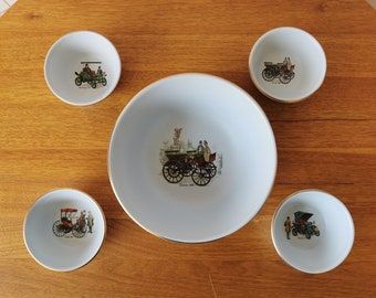 Bowls set Flora Ceramics Gouda Holland. Large bowl with 4 small bowls, antique cars