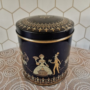 Vintage tin, brocante style container, dark blue/gold