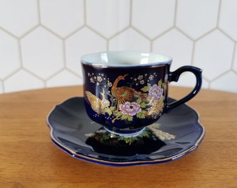 Taza y platillo, azul cobalto, hecho en Japón