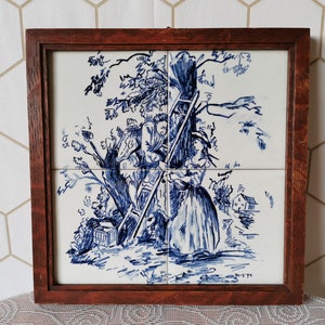 Four tiles in a wooden frame, harvesting fruit, hand painted