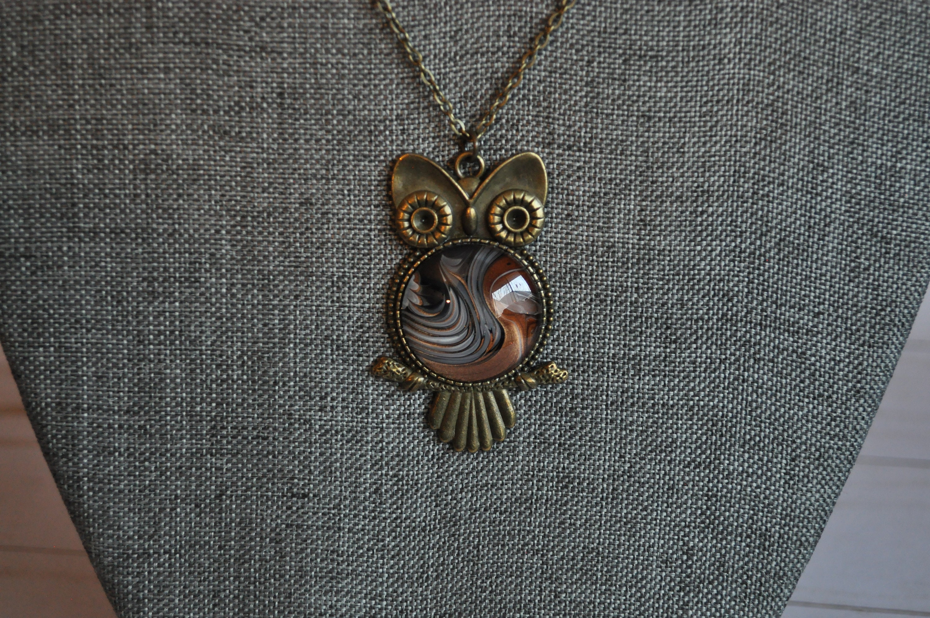 Paint pour jewelry, owl pendant, acrylic pour necklace, paint skin jewelry, acrylic skin necklace, a