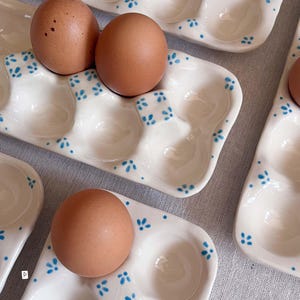 May include: A white ceramic egg tray with six rounded indentations, decorated with small blue painted floral patterns. The tray holds two brown eggs in the top section and one brown egg in the bottom section, with additional empty trays visible.
