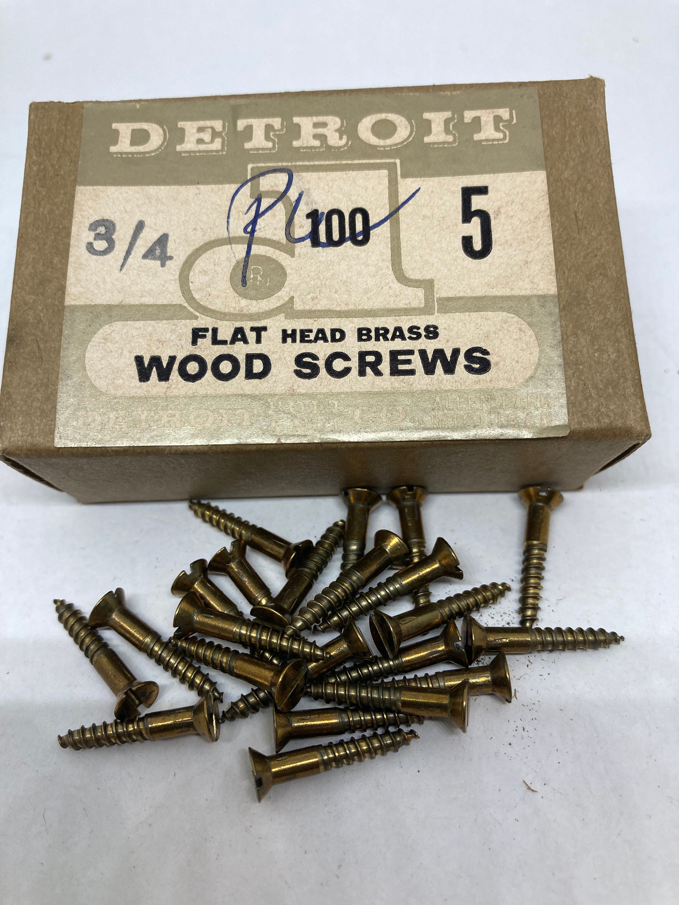 5 X 3/4 Vintage Detroit Brass Screws 24 Slotted Flat Head Wood Screws