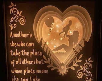 Puede incluir: Una obra de arte de papel recortado blanco en un marco de madera con una ventana en forma de corazón. La ventana en forma de corazón muestra una silueta de una madre sosteniendo a un niño en el aire. El fondo es un cielo nocturno estrellado con un globo aerostático. El texto "A mother is she who can take the place of all others but whose place no one else can take..." está escrito en el lado izquierdo del marco.