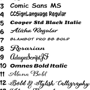 May include: A list of 15 different fonts, numbered 1 through 15, with the font name written in the corresponding font style. The fonts include STIX Two Text, Adenville, Comic Sans MS, CCSignLanguage Regular, Cooper Std Black Italic, Alisha Regular, BLAMBOT PRO BB BOLD, Rosarian, AdageScript JF, Omnes Bold Italic, Alana Bold, Bold & Stylish Calligraphy, Adorns Pomander, Chalkboard SE, and Grafolita Script Bold.