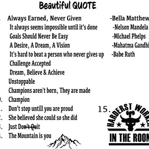 May include: Black and white motivational quote poster with a mountain graphic and a bull graphic. The text reads "Beautiful Quote" and includes 15 quotes with their authors. The bull graphic has the text "Hardest Worker in the Room".