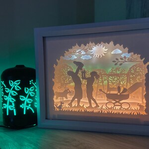 K&ouml;nnte beinhalten: Eine wei&szlig;e Schattenbox mit einem wei&szlig;en Rahmen, die ein Papierschnitt-Design einer Familie in einem Park zeigt. Die Szene beinhaltet ein Paar, das ein Kind h&auml;lt, einen Kinderwagen, eine Sonne und B&auml;ume. Die Schattenbox wird von hinten beleuchtet und erzeugt so ein warmes Leuchten.