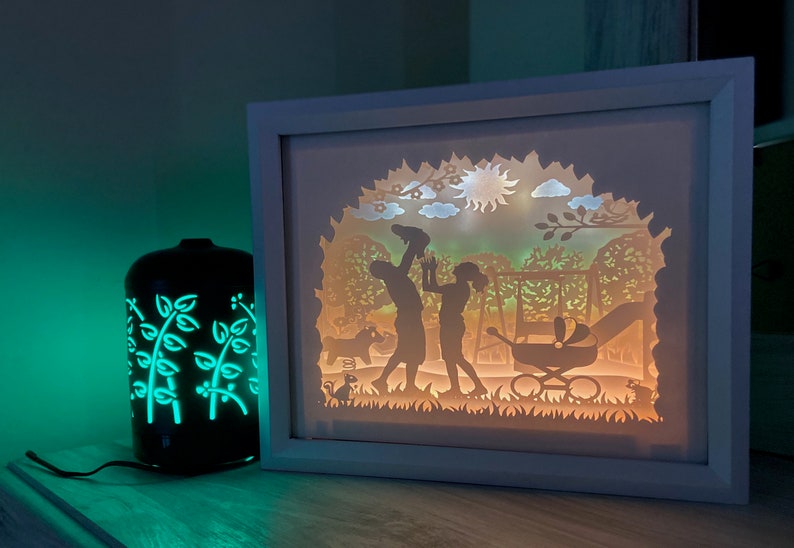 K&ouml;nnte beinhalten: Eine wei&szlig;e Schattenbox mit einem wei&szlig;en Rahmen, die ein Papierschnitt-Design einer Familie in einem Park zeigt. Die Szene beinhaltet ein Paar, das ein Kind h&auml;lt, einen Kinderwagen, eine Sonne und B&auml;ume. Die Schattenbox wird von hinten beleuchtet und erzeugt so ein warmes Leuchten.