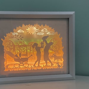 K&ouml;nnte beinhalten: Ein wei&szlig;er Rahmen mit einem Licht im Inneren, der eine Papierschnitt-Silhouette einer Familie mit einem Baby im Kinderwagen, einem Hund und einer Sonne im Hintergrund zeigt.