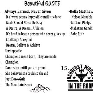 May include: Black and white motivational quote poster with a mountain illustration at the bottom. The poster features 15 quotes with the names of the authors, including Bella Matthews, Nelson Mandela, Michael Phelps, Mahatma Gandhi, and Babe Ruth. The last quote is "Hardest Worker in the Room" with a black and white illustration of a bull's head.