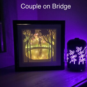 May include: A framed paper cut-out art piece depicting a couple silhouetted against a moonlit forest scene. The couple are standing on a bridge over a pond. The art piece is illuminated with warm white LED lights. A black diffuser with a white floral design is in the background.