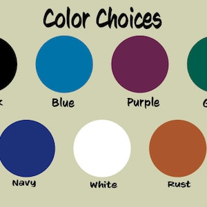 May include: Colour choices for a product, including black, blue, purple, green, navy, white, and rust.