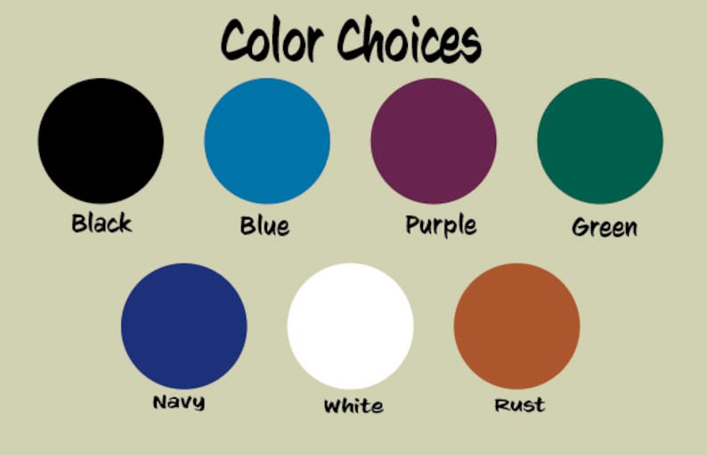 May include: Colour choices for a product, including black, blue, purple, green, navy, white, and rust.