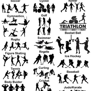 May include: A black and white illustration of various sports, including football, cycling, gymnastics, golf, running, triathlon, basketball, swimming, rugby, figure skating, ringette, ice hockey, tennis, curling, baseball, bodybuilding, cricket, and judo/karate.