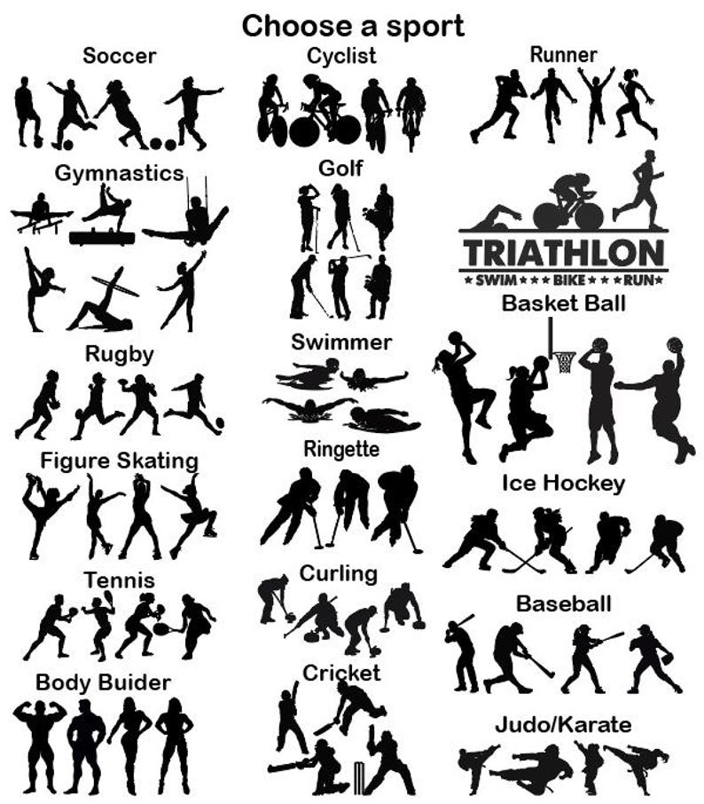 May include: A black and white illustration of various sports, including football, cycling, gymnastics, golf, running, triathlon, basketball, swimming, rugby, figure skating, ringette, ice hockey, tennis, curling, baseball, bodybuilding, cricket, and judo/karate.