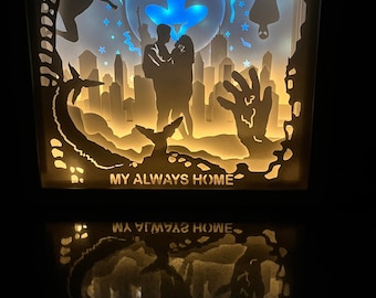 Puede incluir: Una caja de luz con una silueta azul de Spider-Man en el centro. La caja también presenta una ciudad, una telaraña y el texto "My Always Home".