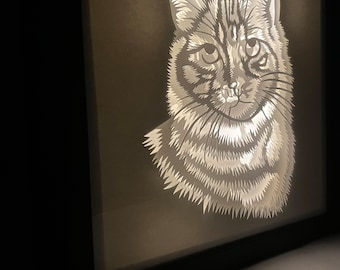 Puede incluir: Un recorte de papel blanco de la cabeza de un gato iluminado desde atrás, creando un efecto de sombra. El gato tiene un patrón de rayas grises claras y blancas.