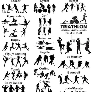 May include: A black and white illustration of various sports, including football, gymnastics, golf, running, triathlon, basketball, rugby, swimming, figure skating, ringette, ice hockey, tennis, curling, baseball, bodybuilding, cricket, and judo/karate.