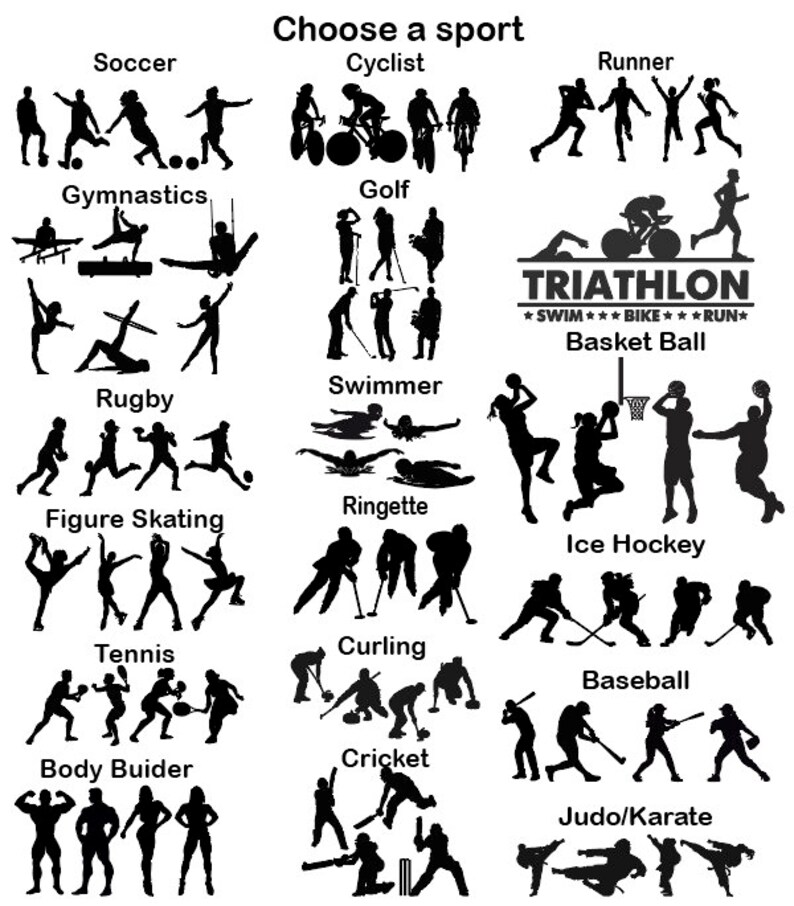 May include: A black and white illustration of various sports, including football, gymnastics, golf, running, triathlon, basketball, rugby, swimming, figure skating, ringette, ice hockey, tennis, curling, baseball, bodybuilding, cricket, and judo/karate.