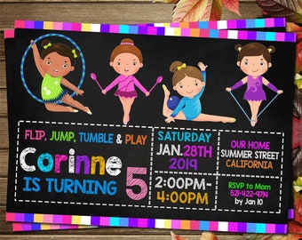 Invitación imprimible de fiesta de cumpleaños de gimnasia
