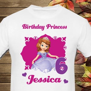 May include: White t-shirt with a pink and purple design featuring a cartoon princess, the number 6, and the text "Birthday Princess Jessica".