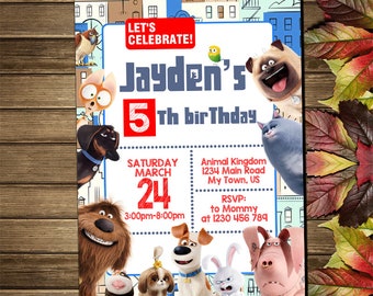 May include: A colorful invitation for a 5th birthday party with a "Let's Celebrate!" banner and a cartoon image of characters from the movie "The Secret Life of Pets". The invitation includes the name "Jayden's", the date "Saturday March 24", the time "3:00pm-8:00pm", and the location "Animal Kingdom 1234 Main Road My Town, US".