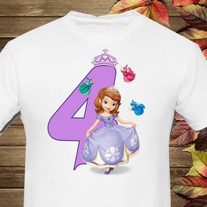 May include: A white t-shirt with a purple number four and a princess character wearing a purple dress and a crown. The princess is surrounded by three fairies with wings.