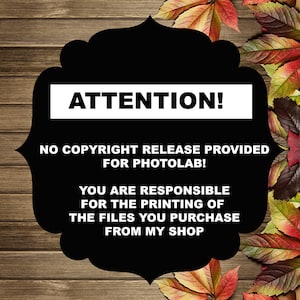 May include: Black and white sign with the text "ATTENTION! NO COPYRIGHT RELEASE PROVIDED FOR PHOTOLAB! YOU ARE RESPONSIBLE FOR THE PRINTING OF THE FILES YOU PURCHASE FROM MY SHOP" on a wooden background with fall leaves.
