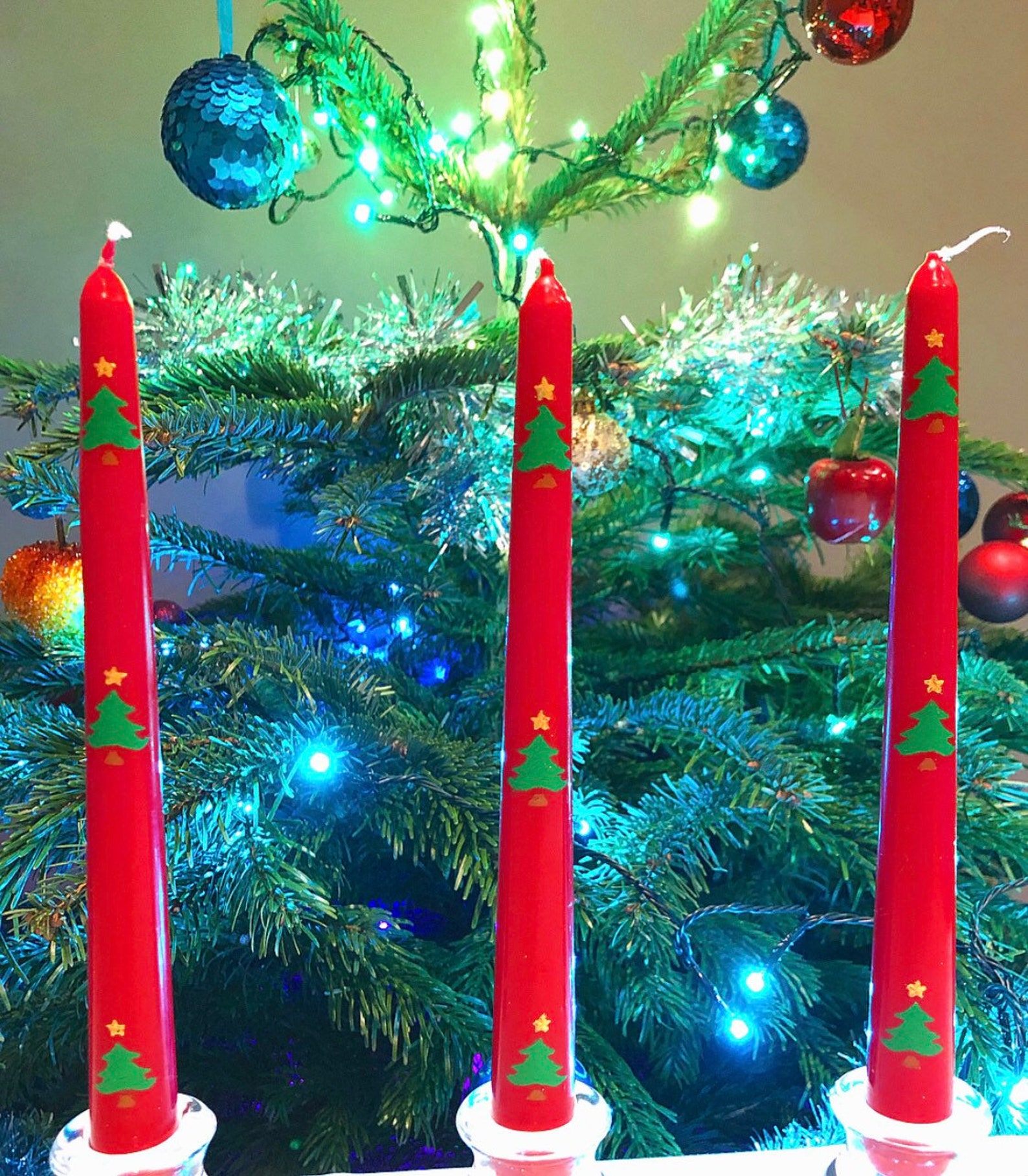 X1 Christmas Tapered Candles Hand Painted Dinner Candles Red Candles
