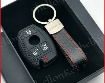 Silicone Key Fob Case Cover for Mercedes, 3 Buttons + Keyring + Gift Box