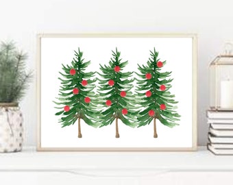 Watercolor Christmas Tree Art Print, Holiday Decor, Christmas Tree Download, Digital Download, Kitchen Decor