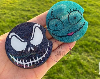 Jack and Sally Coasters Set of 2, Glitter Car Coasters, Resin Car Coasters, Gifts for Her