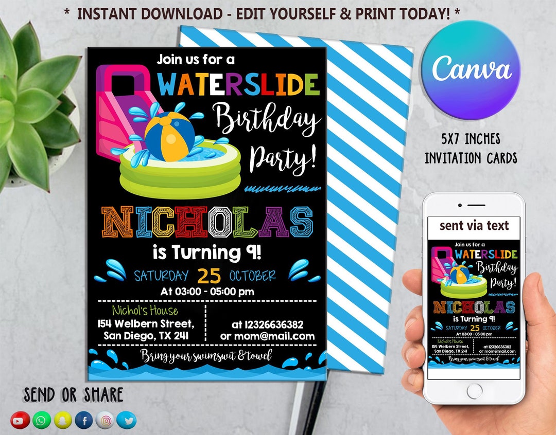 Waterslide Birthday Party Invitation, Instant Download, Editable With ...