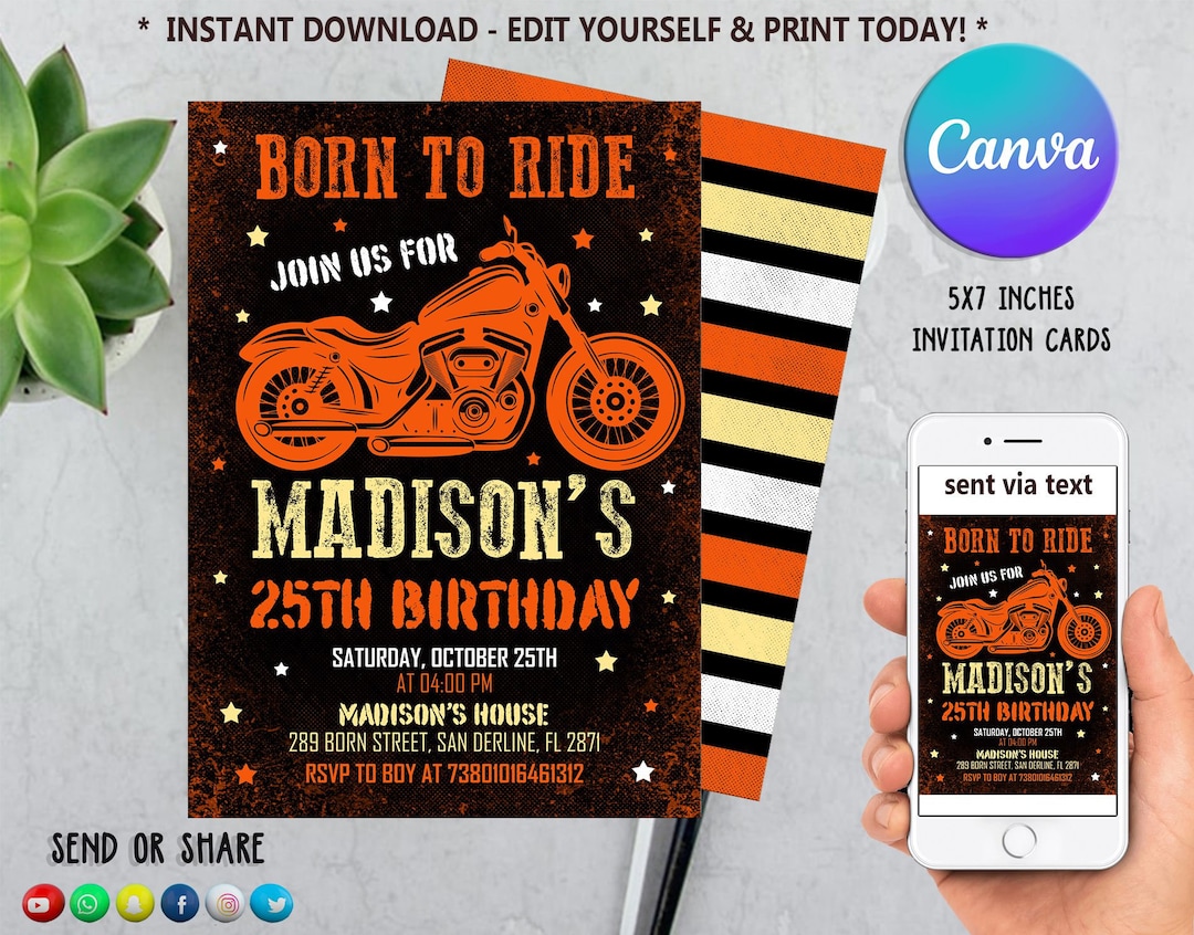 Editable Motorcycle Invitation, Motorcycle Birthday Invitation, Born to ...