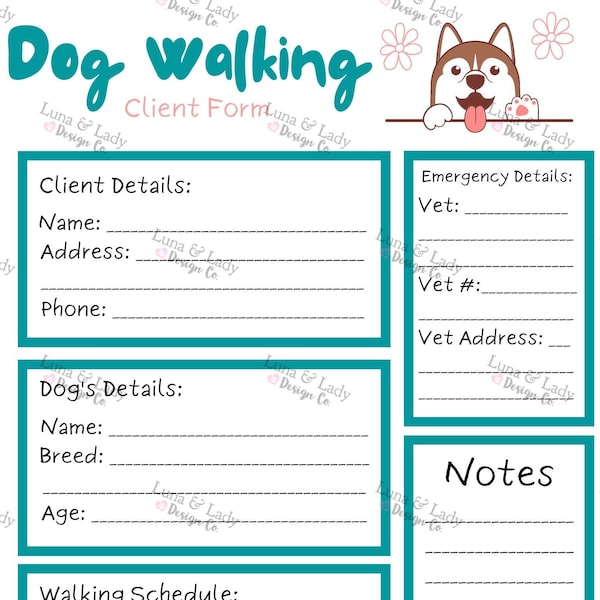 Dog Walking Client Form | Dog Walker Information Sheet | Client Checklist Form | Dog Walker | Dog Business Clients | Digital Download