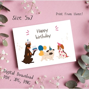 PRINTABLE Happy Birthday Dog Card | Pug, Doberman, Beagle B-Day Card | Digital Download PLUS Envelope Template Guide
