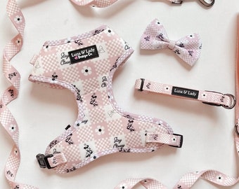May include: A dog accessory set including a harness, lead, collar, and bow tie. The items are patterned with pink and white checks, flowers, and cartoon characters. The harness displays the text "Stay Classy" and "Luna & Lady Design Co."