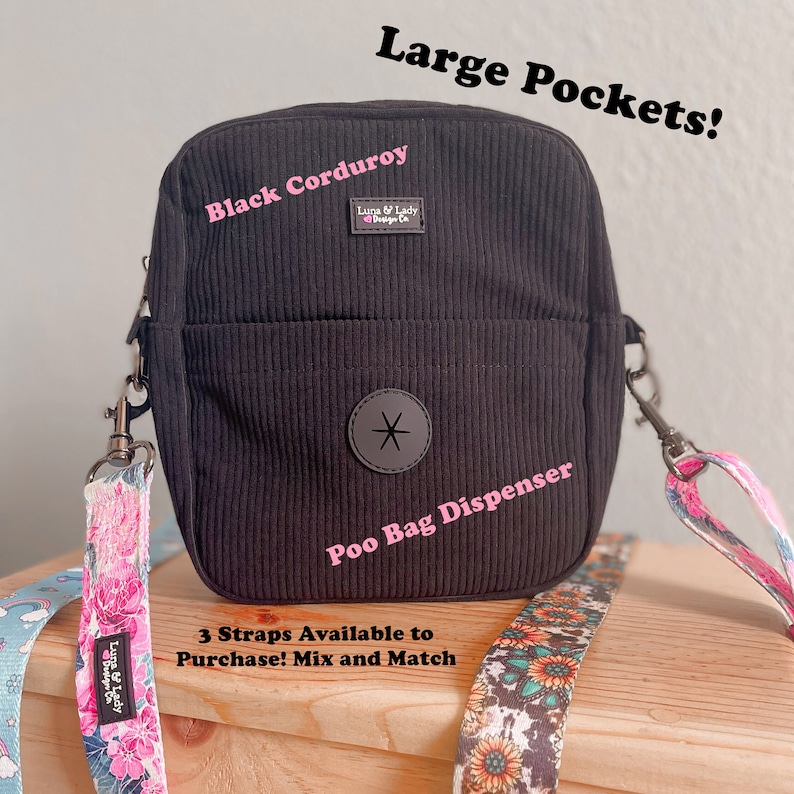 Puede incluir: Dispensador de bolsas para excrementos de perro de pana negra con bolsillos grandes. Cuenta con un dispensador de bolsas para excrementos y viene con tres correas disponibles para comprar. La bolsa tiene un dise&ntilde;o de estrella negra en la parte delantera.