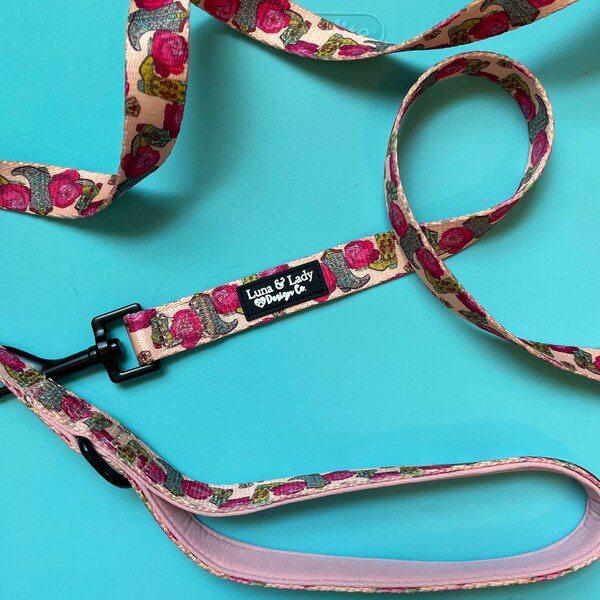 Dog Leash “Country Boots and Roses Gal” Puppy Dog or Cat Gear Leads, Charra Red Rose and Peachy Colored Print Style