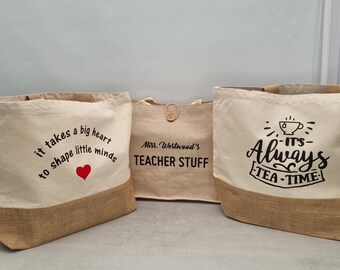 Thank You Teacher Gift Jute Tote Shopper Bag Personalised End of School Year Twinings Tea Border Biscuit Box Hamper Present