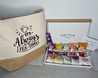 Thank You Teacher "Its Always Tea Time" Gift Jute Tote Shopper Bag Personalised End of School Year Hot Chocolate Border Biscuit Box Hamper