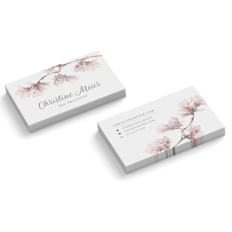 Visitenkarten personalisieren individuell gestalten drucken mit Logo design Vorlage für Visitenkarte gedruckt und personalisiert rosa Blume Weiß 2-seitig